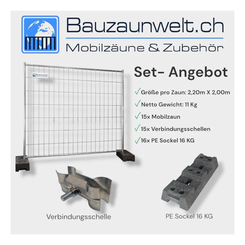 15er Mobilzaun Set 2,20m Schweiz - 33m Absperrung | Bauzaunwelt