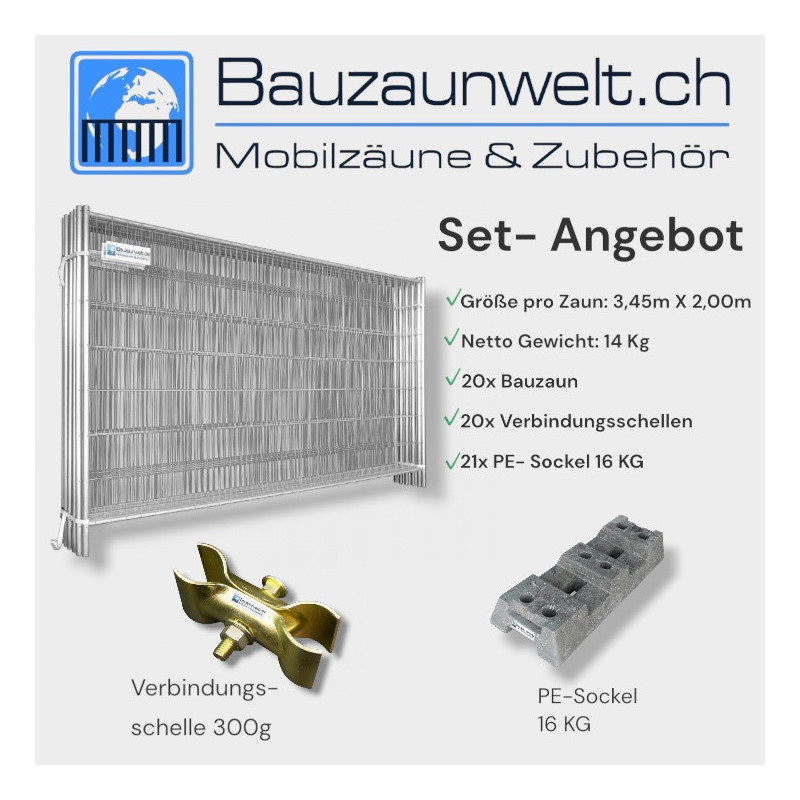 20er Set Bauzaun 14 kg EUTOP inkl. PE-Sockel 16 kg und Verbinder